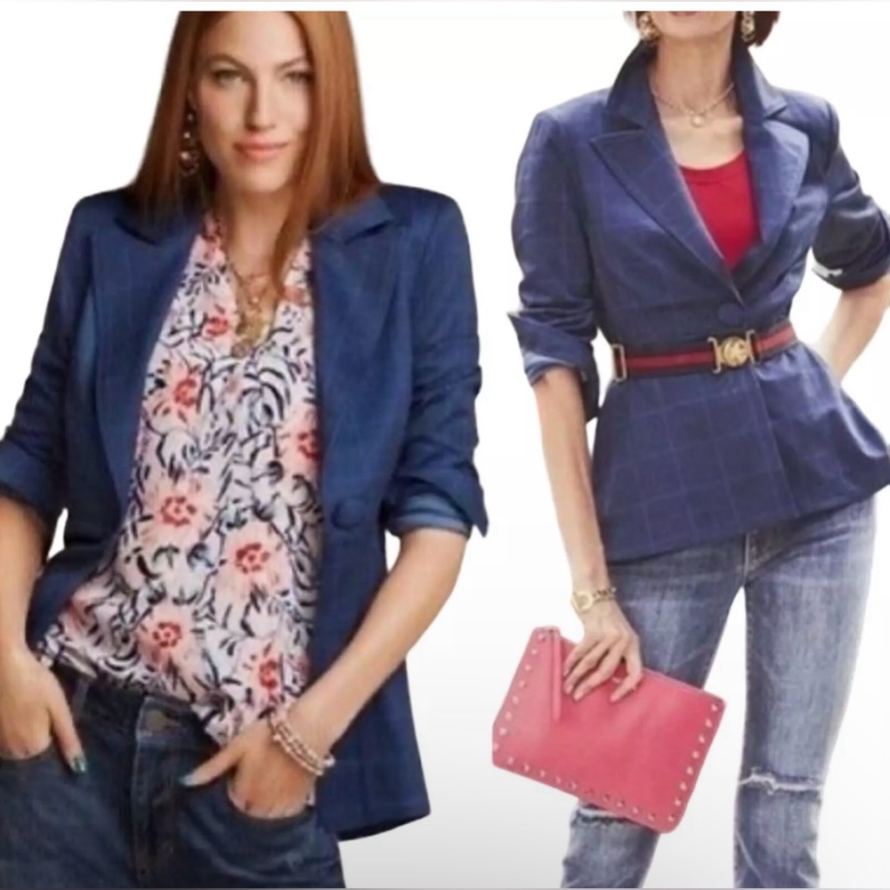 CABI Sunset Kiss Plaid Blue Blazer Jacket Size 14 Office Causal Classic